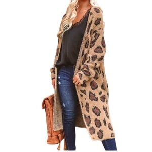 SHE+SKY, WOMENS, LONG, COZY CARDIGAN SWEATER IN BROWN LEOPARD PRINT. OS